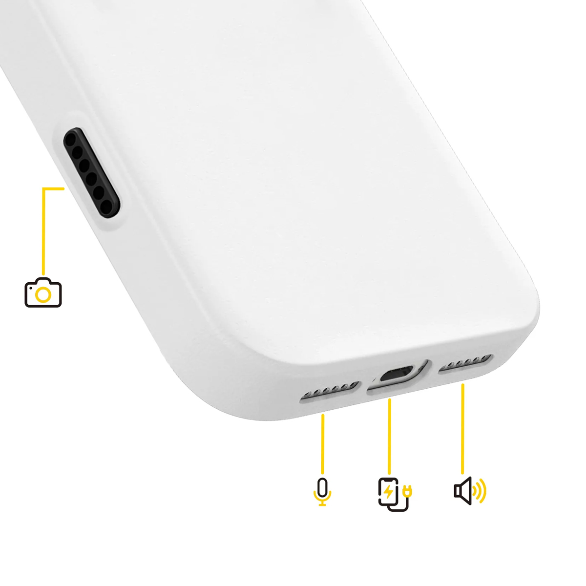 Custodia bianca per telefono con icone per fotocamera, microfono, ricarica e altoparlante.