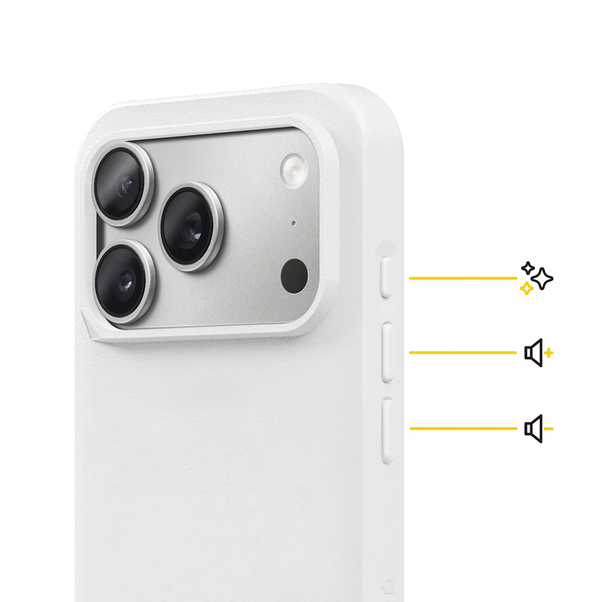 Custodia bianca per telefono con tre fotocamere e pulsanti volume.