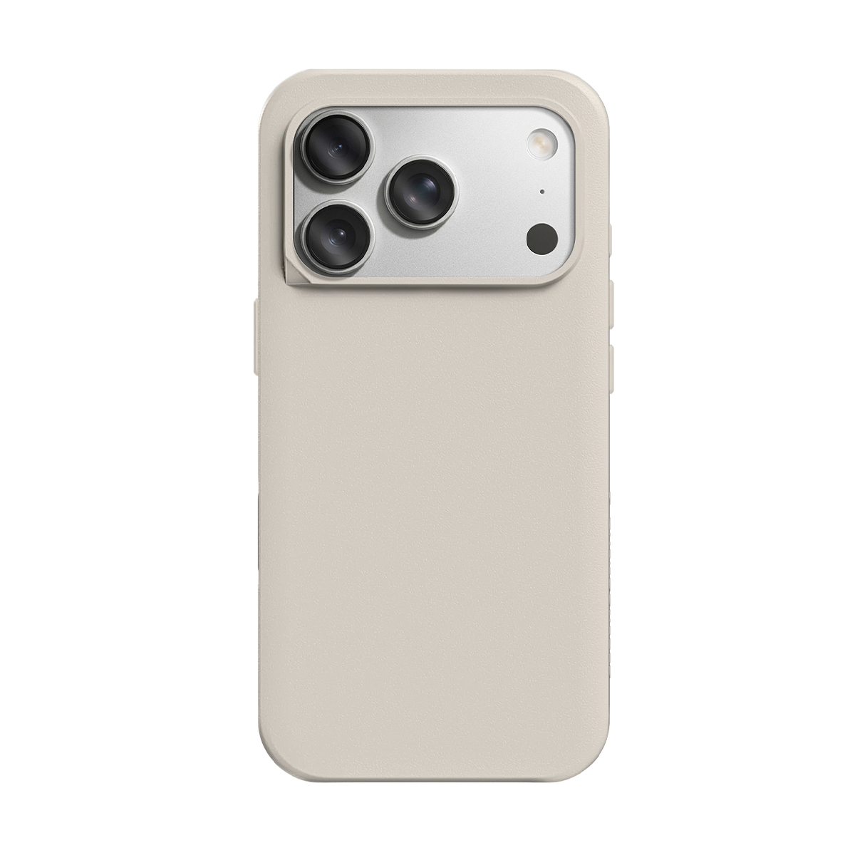 Una custodia per telefono beige con modulo fotocamera a tre lenti.