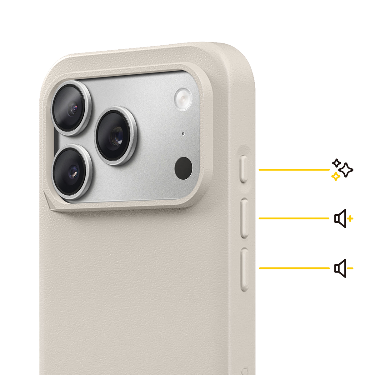 Primo piano di una custodia per telefono beige chiaro con tre obiettivi e pulsanti.