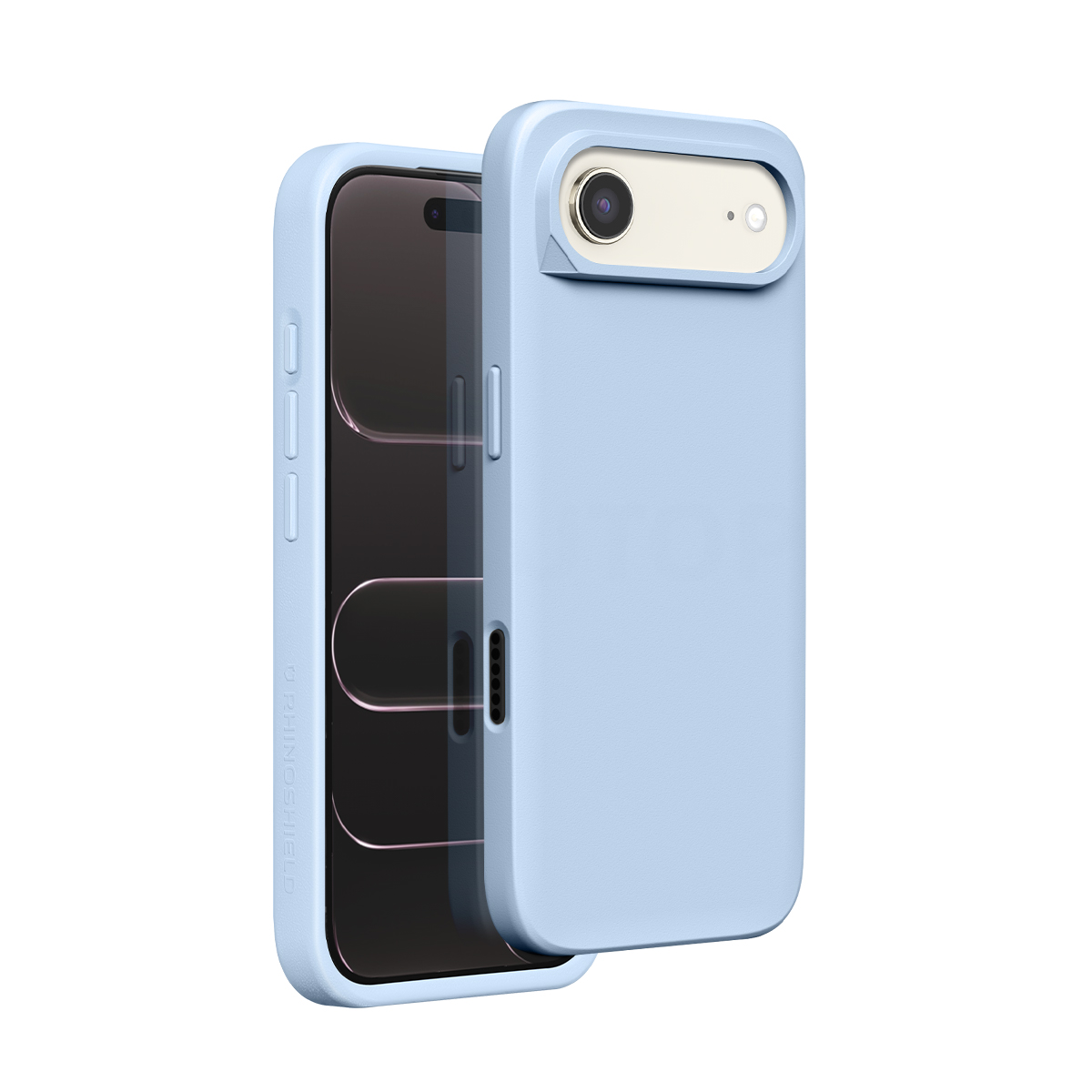 Un telefono azzurro con una custodia leggermente aperta. Area fotocamera visibile.