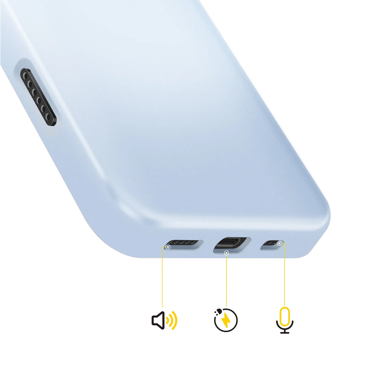Custodia azzurra per telefono con porte per altoparlante, ricarica e microfono.