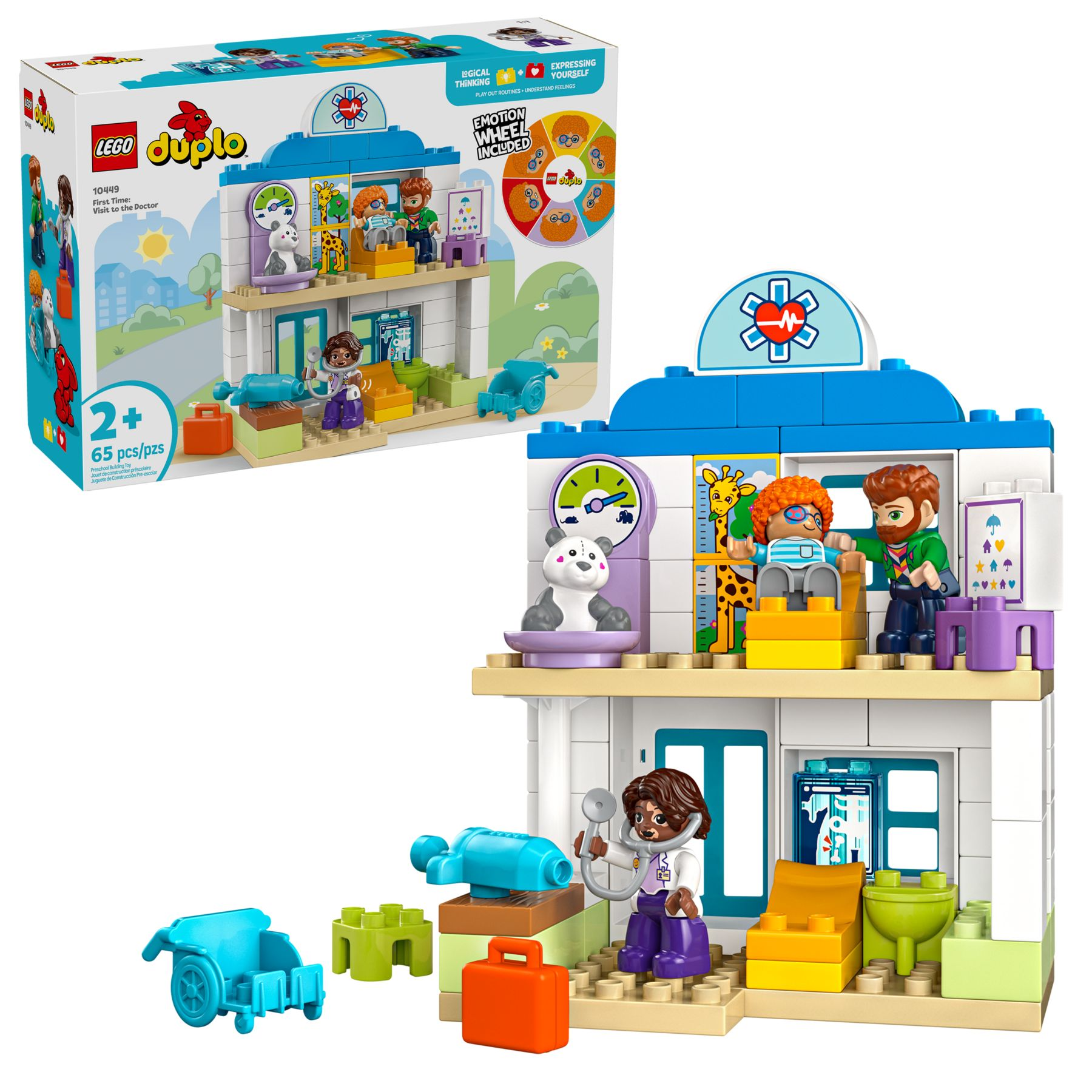 LEGO Duplo Arztset mit Figuren, Rollstuhl und medizinischen Geräten.