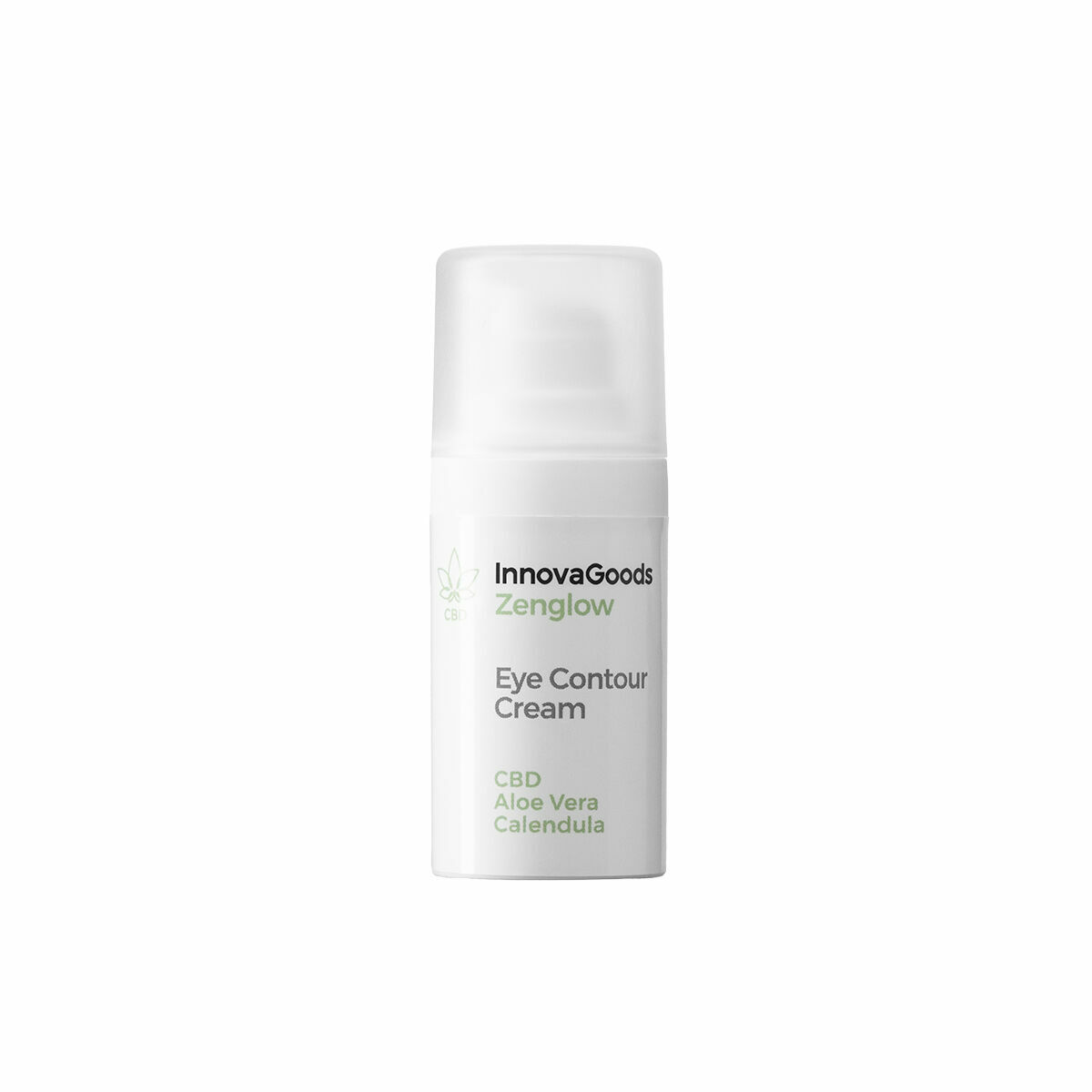 Botella blanca InnovaGoods Zenglow Crema Contorno de Ojos con texto verde y logo.