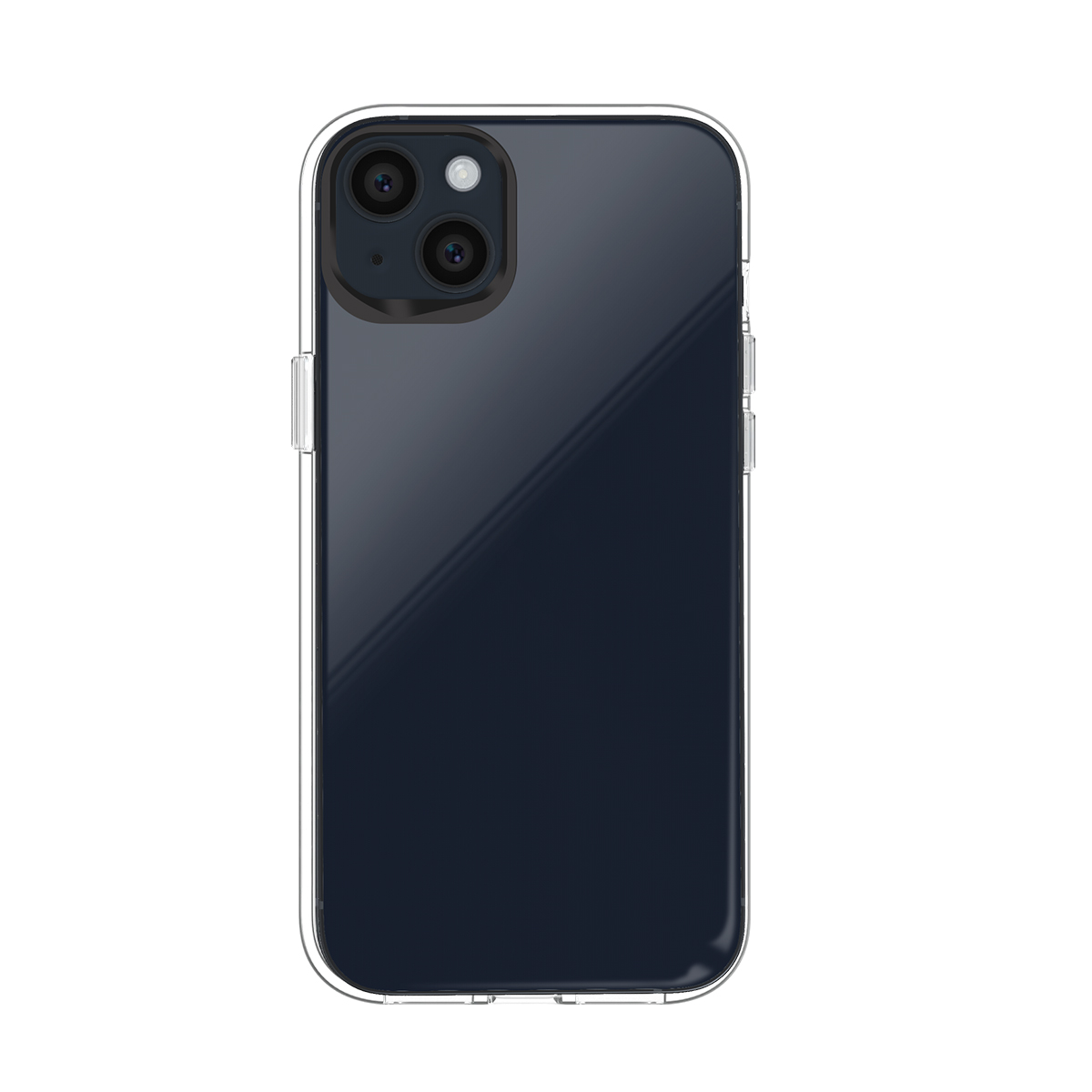 Uno smartphone scuro con due fotocamere in una custodia trasparente, sfondo bianco.