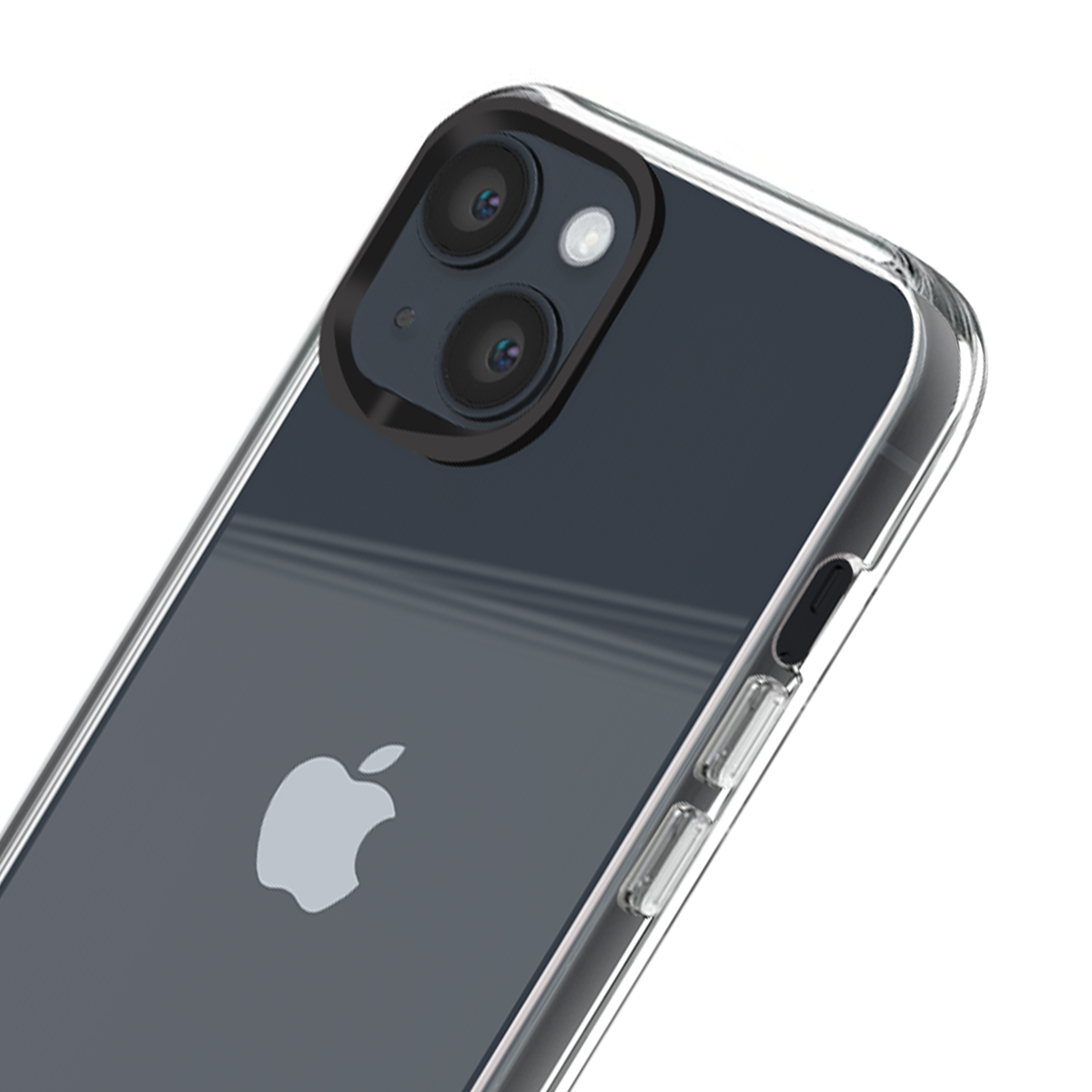 Vista posteriore di una custodia trasparente per iPhone con due fotocamere e logo Apple.
