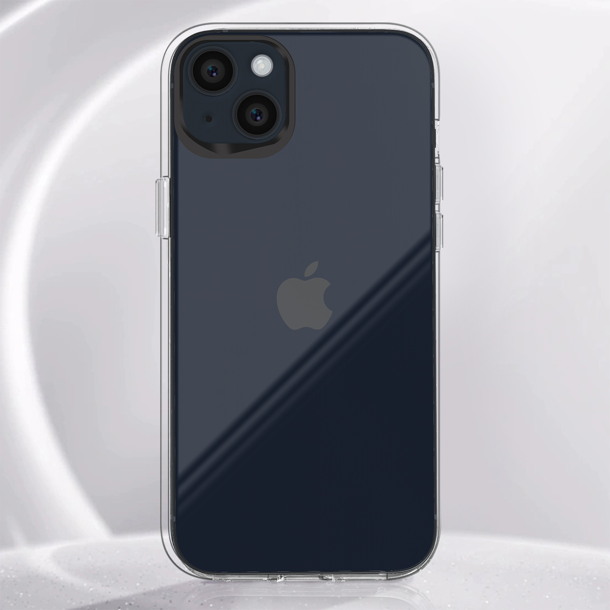 Un iPhone scuro in custodia trasparente su una superficie chiara.