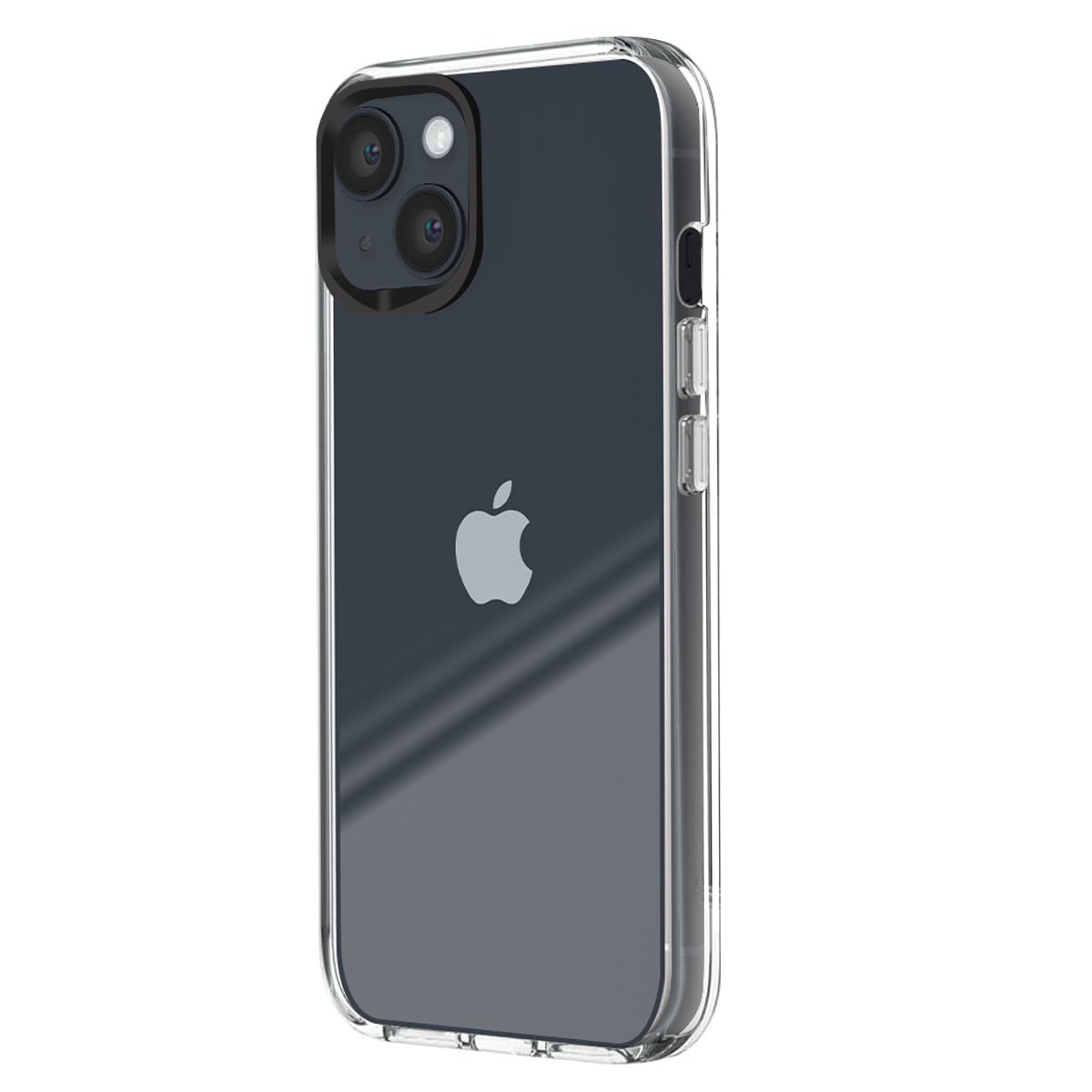 Un iPhone scuro in custodia trasparente, con due fotocamere sul retro.