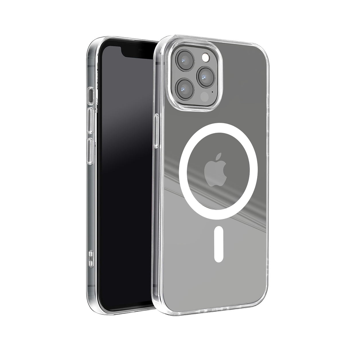 Custodia trasparente per iPhone con logo Apple e anello MagSafe.