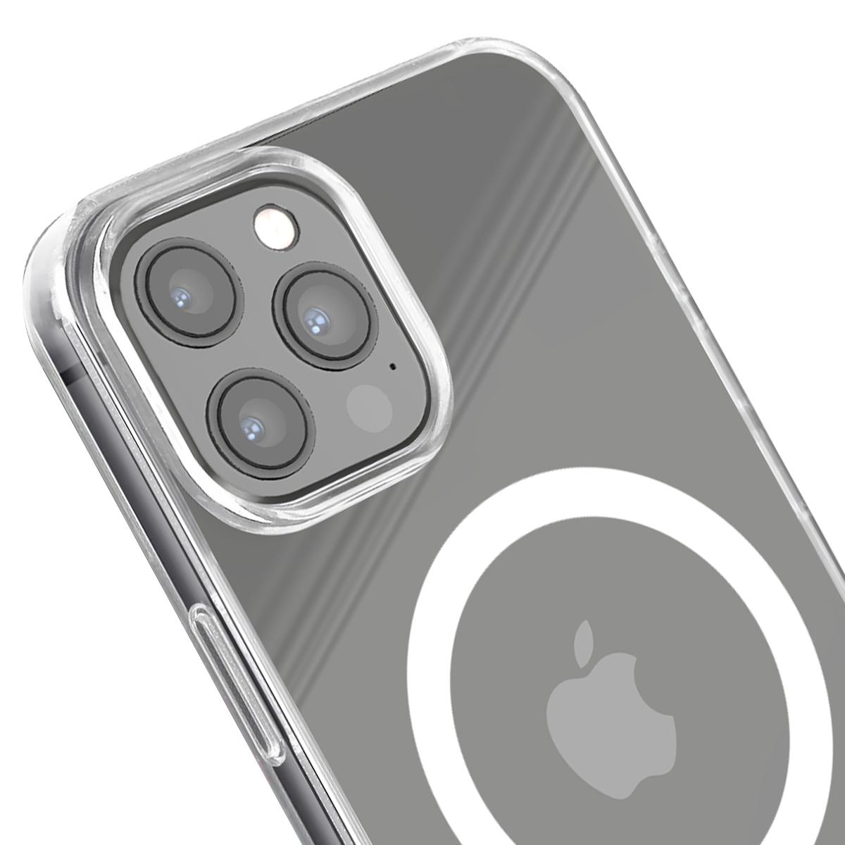 Custodia trasparente per telefono con tripla fotocamera e logo Apple.