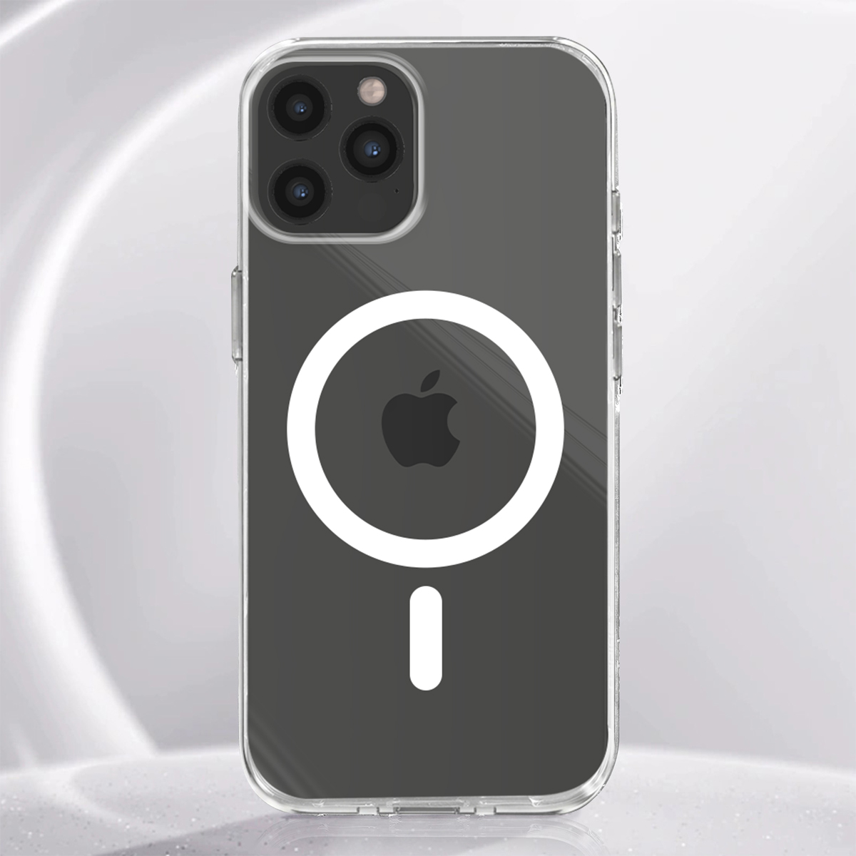 Custodia trasparente per telefono con logo Apple e anello MagSafe.