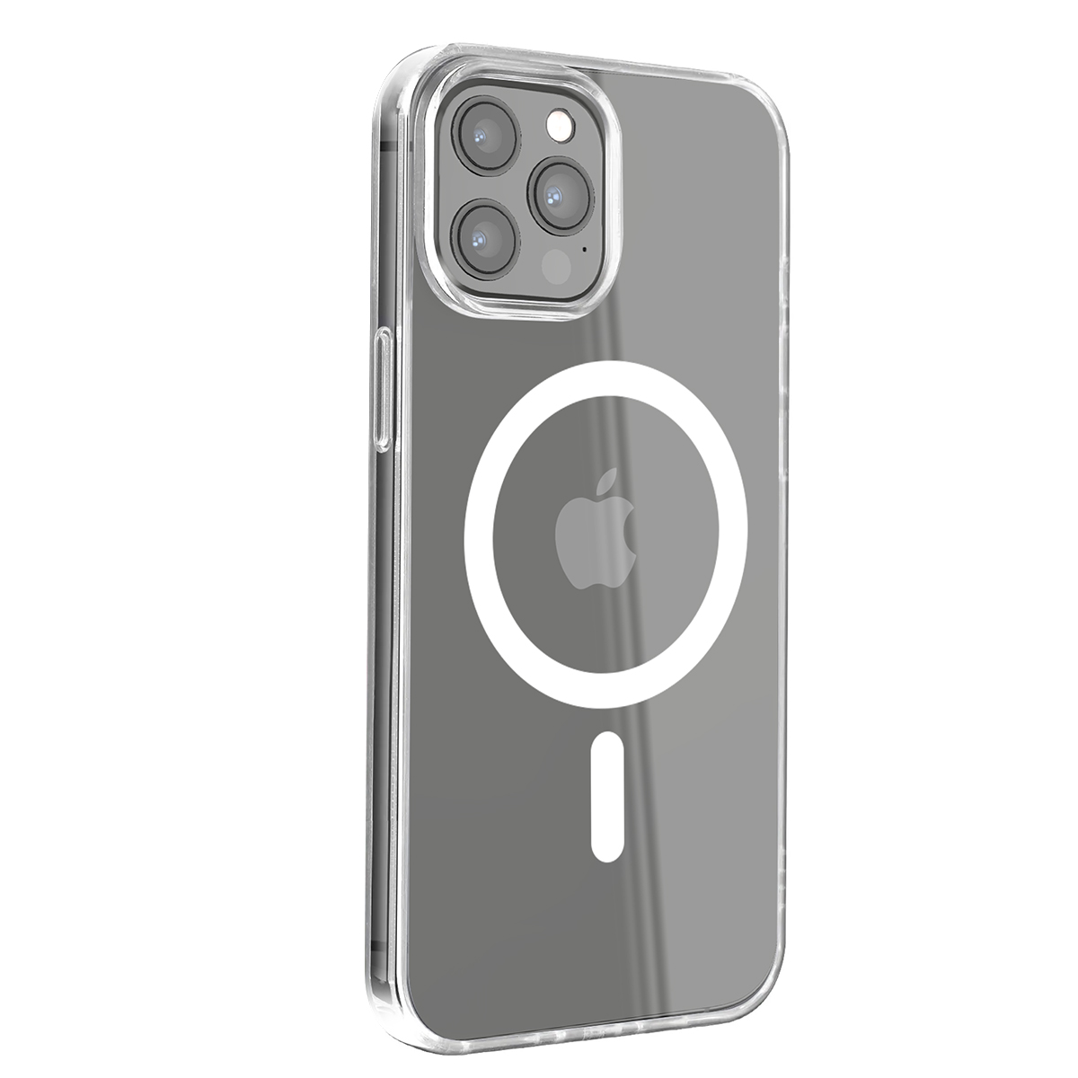 Custodia trasparente per iPhone con modulo fotocamera e cerchio MagSafe.