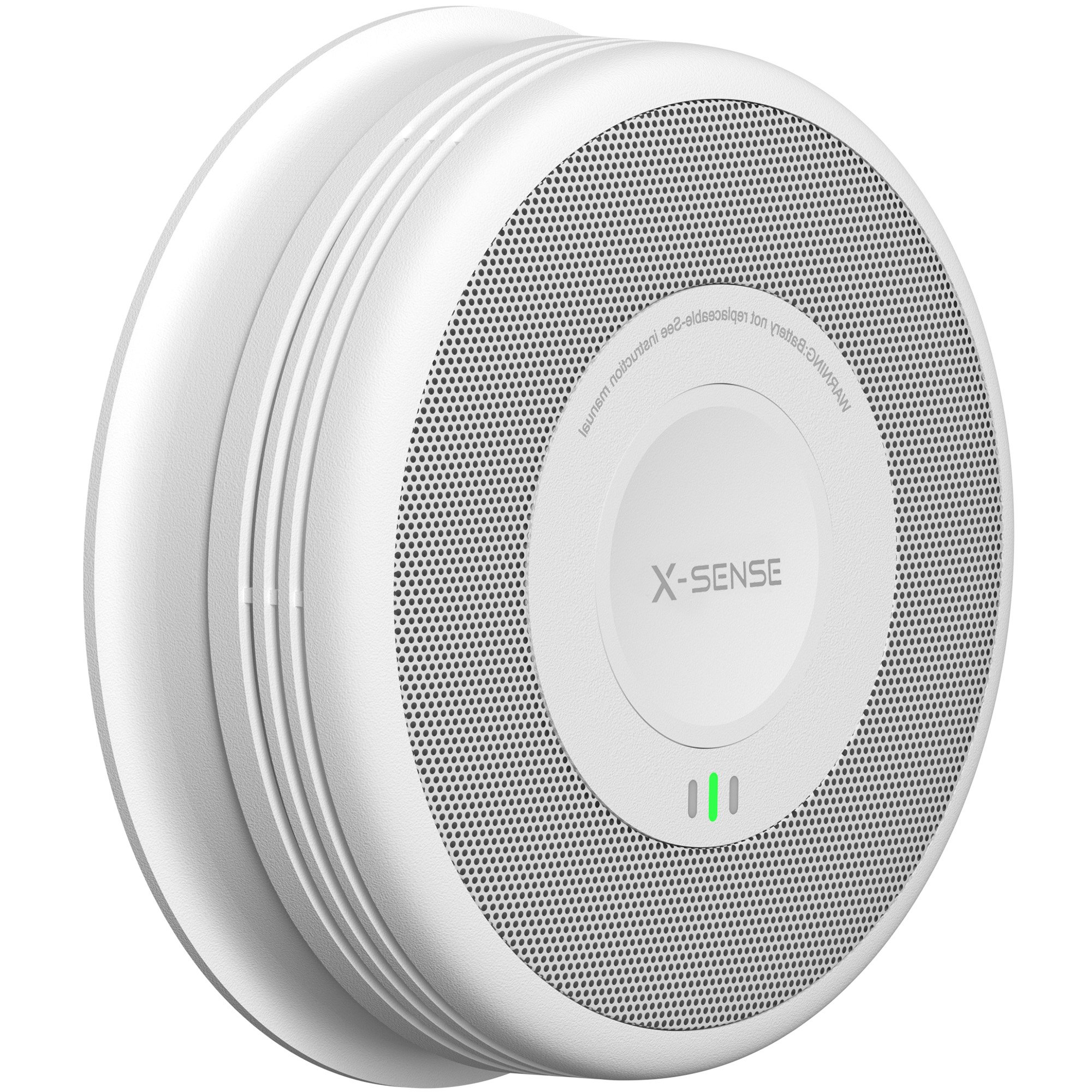 Ein weißer X-Sense Rauchmelder mit Lüftungsschlitzen und grünen LED-Anzeigen.