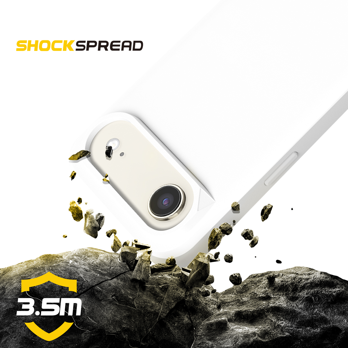Un telefono che cade, circondato da rocce frantumate e detriti. Logo SHOCKSPREAD.