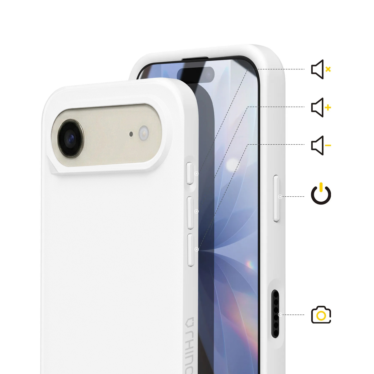 Una custodia bianca per telefono con icone di fotocamera e pulsanti del volume sul lato.