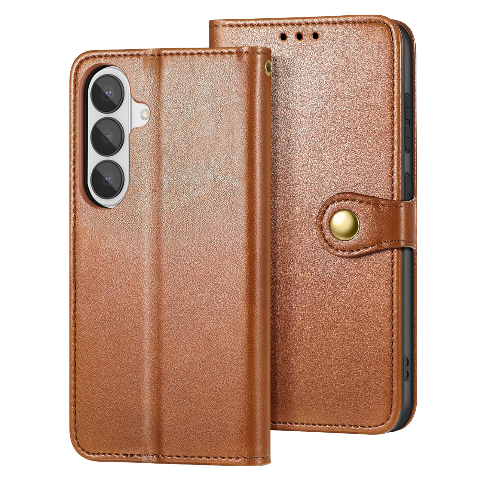 Custodia per telefono in pelle marrone con tre fotocamere e chiusura a bottone dorato.