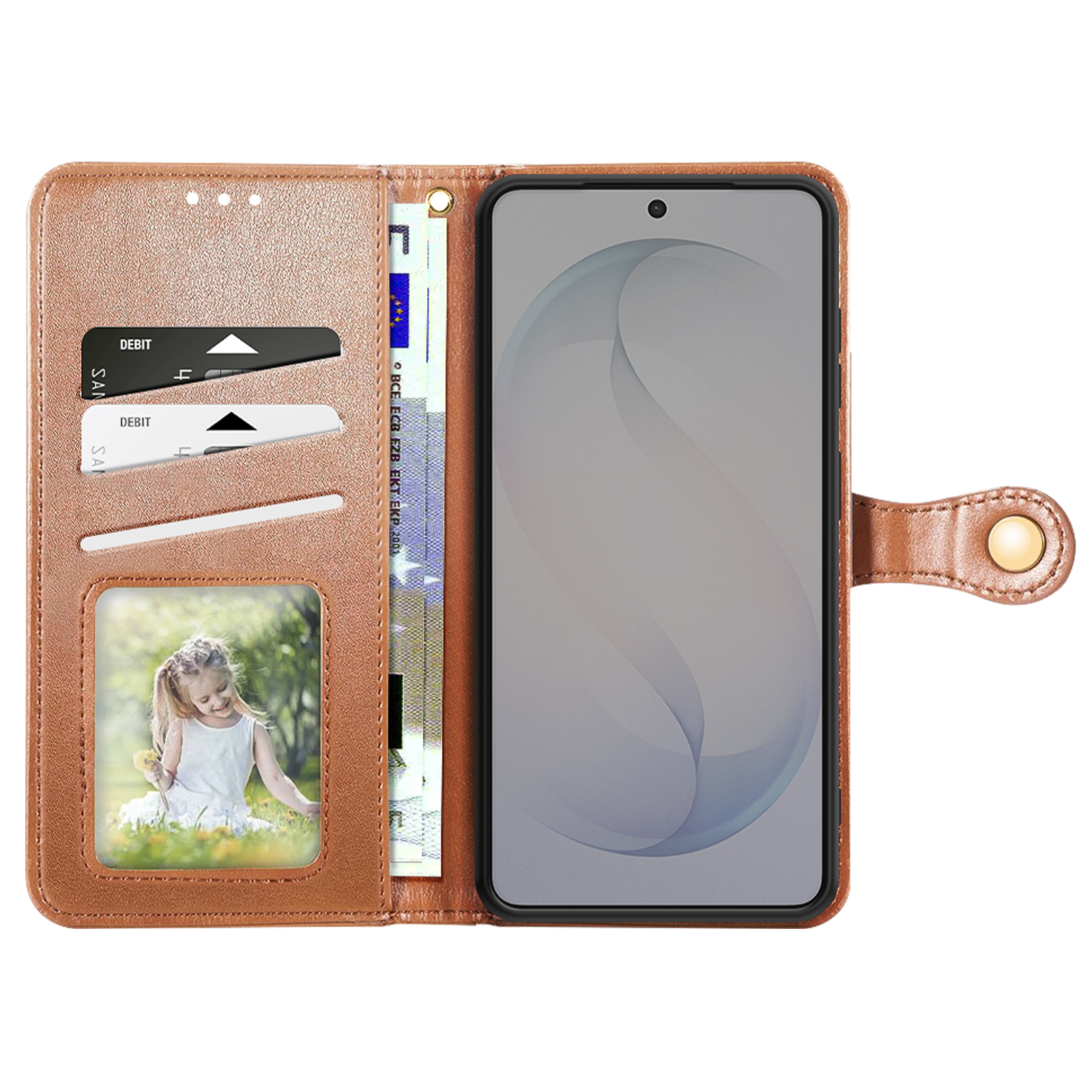 Custodia marrone per telefono con slot per carte, foto di bambina, banconote.