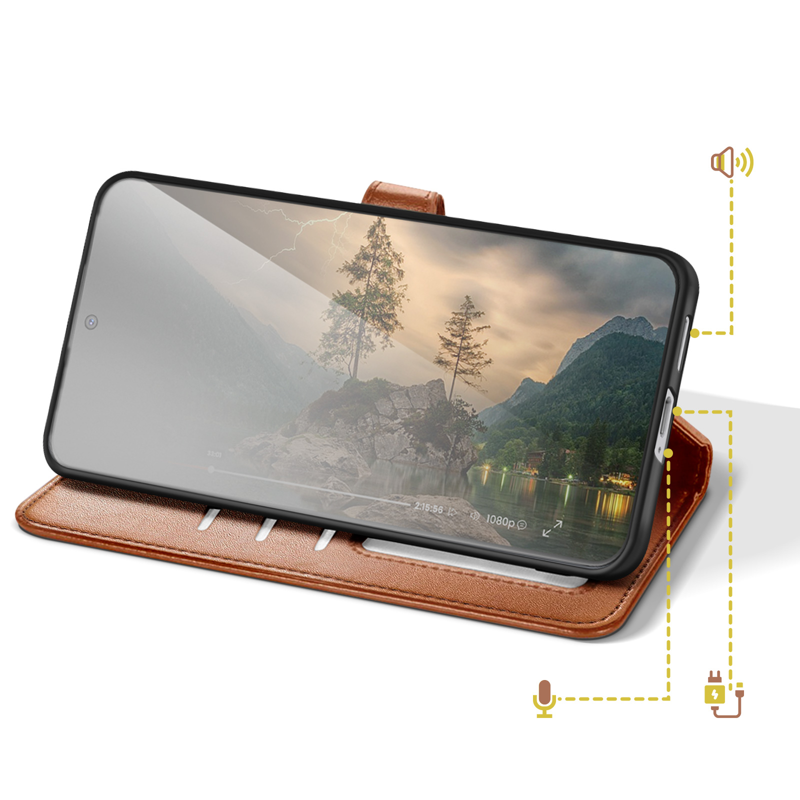 Uno smartphone in una custodia di pelle marrone mostra una scena di un film con montagne e lago.
