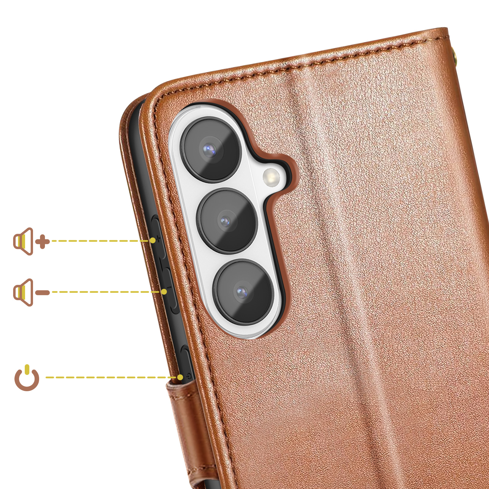 Custodia marrone per telefono con tre obiettivi e flash.