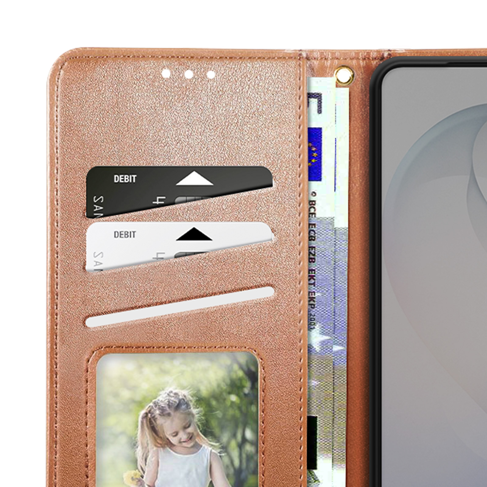 Custodia marrone per telefono con slot per carte, foto e banconote.