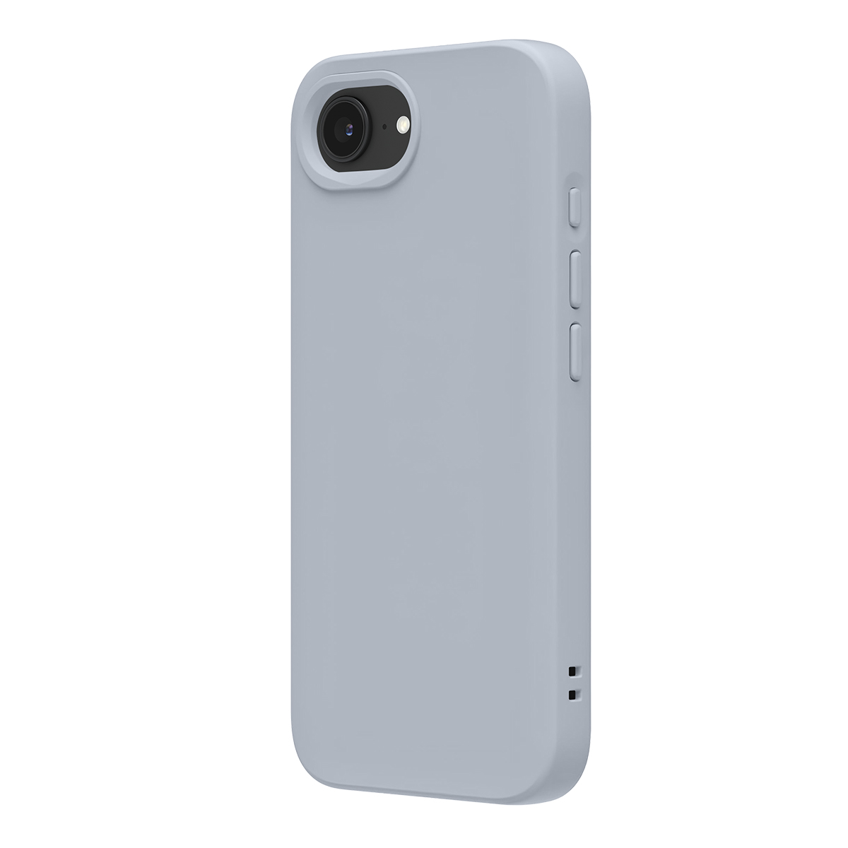 Custodia grigia per telefono con ritaglio fotocamera e pulsanti laterali, su sfondo bianco.