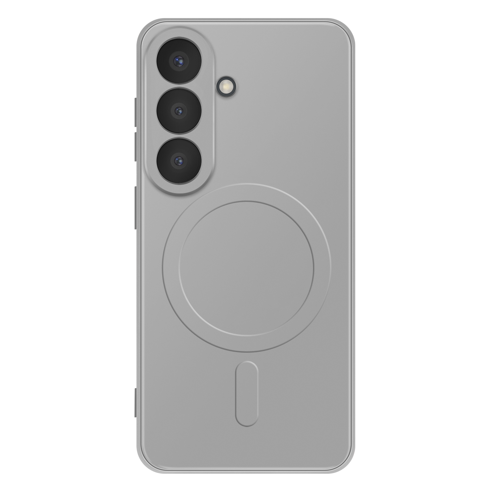 Grijze smartphone met drie camera's en een magnetische cirkel op de achterkant.