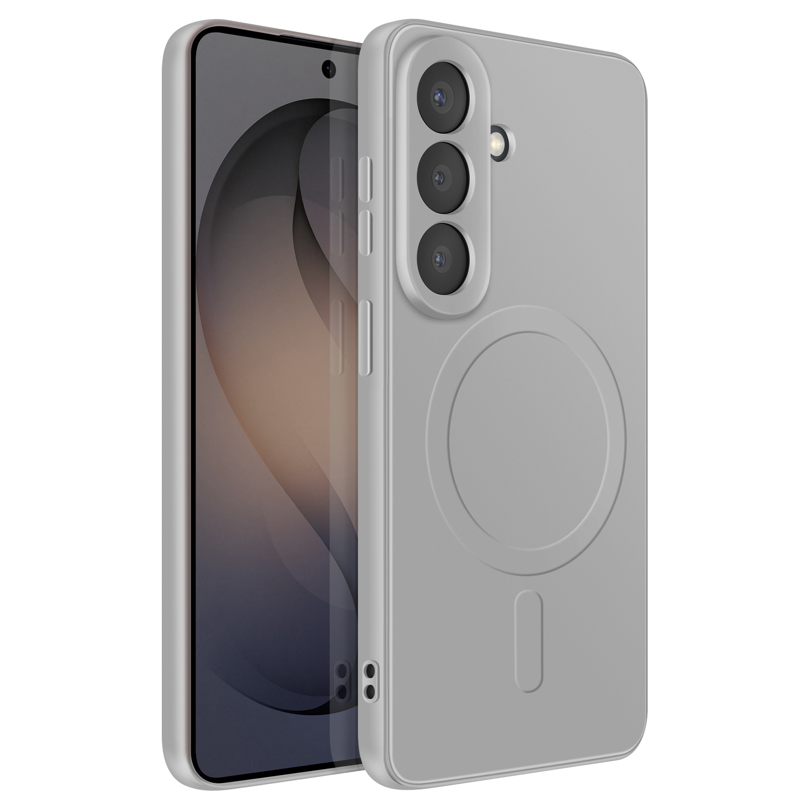 Een zilveren smartphone met hoesje met drie camera's en cirkelvormig design.