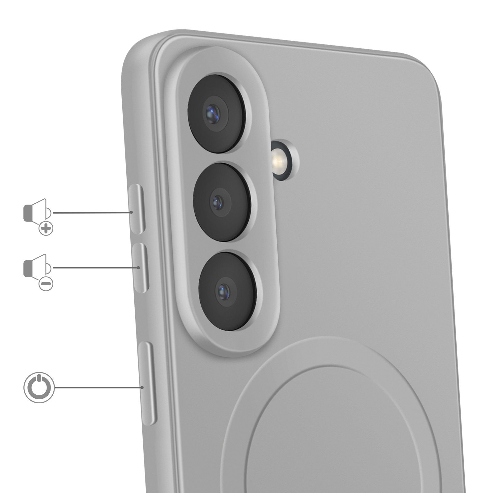 Achterkant van een grijze smartphone met drie camera's en volumeknoppen.