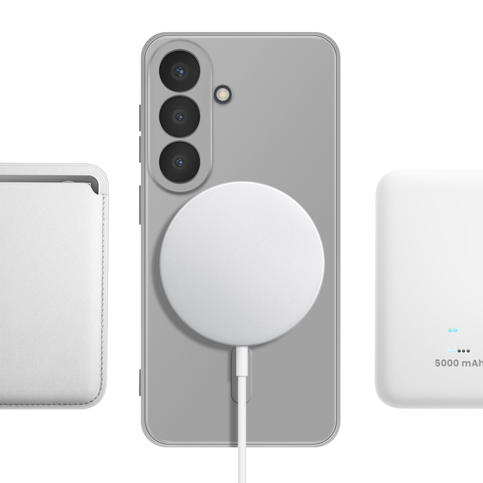 Een grijze smartphone met drie camera's is aangesloten op een witte oplader.