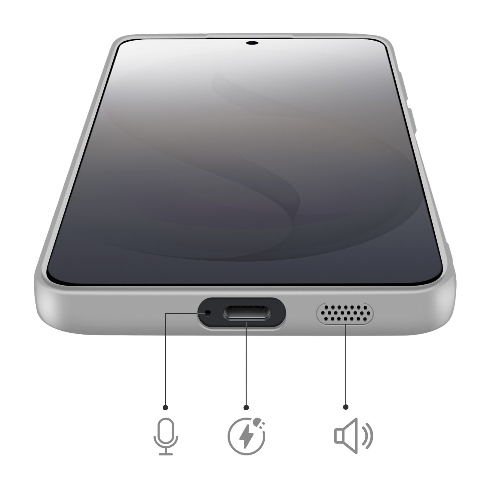 Close-up van een smartphone met USB-C poort, microfoon en luidspreker.