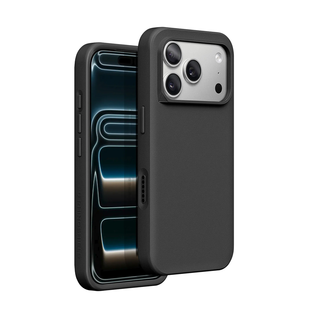 Un iPhone nero in una custodia protettiva su sfondo bianco.