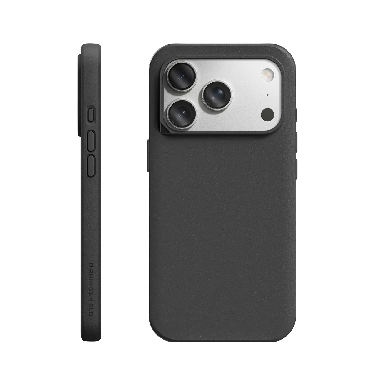 Una custodia per telefono grigio scuro è mostrata di lato e di schiena, rivelando ritagli per la fotocamera.