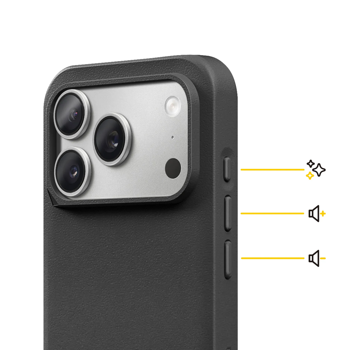 Primo piano di una custodia nera per telefono che mostra tre obiettivi della fotocamera e pulsanti.