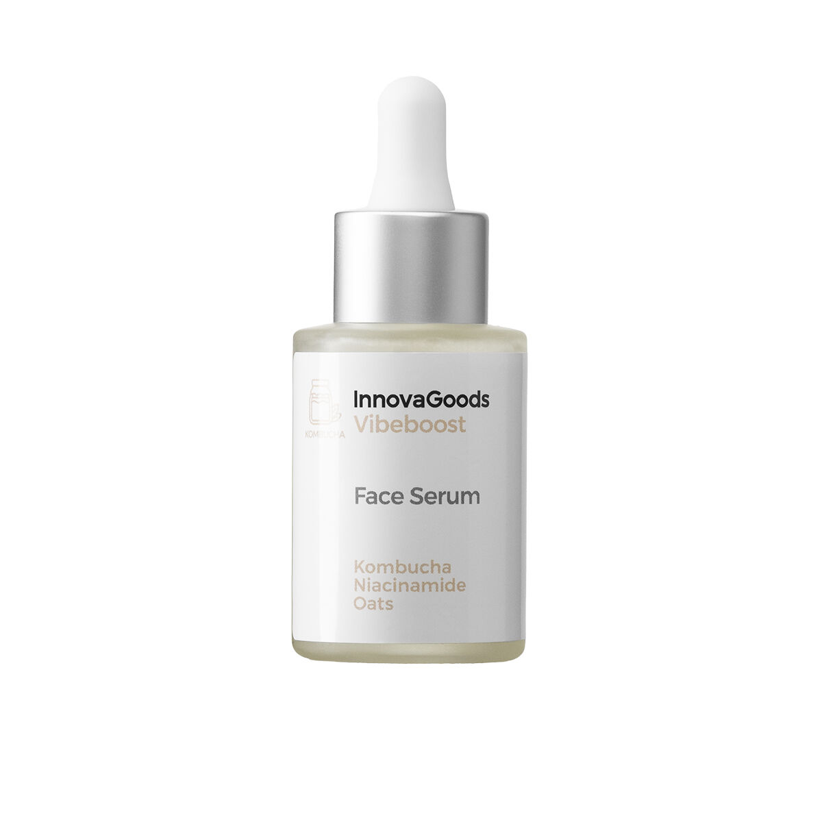 Eine Flasche Gesichtsserum mit Pipette, InnovaGoods Vibeboost, Kombucha Niacinamid Hafer.