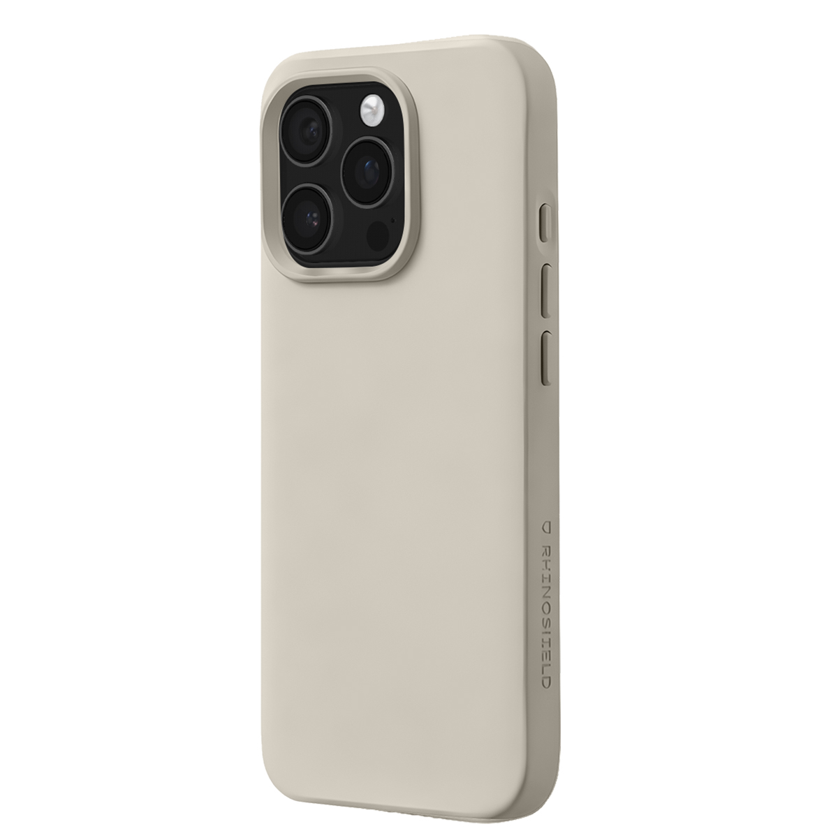 Una custodia per telefono beige con tre obiettivi della fotocamera su sfondo bianco.