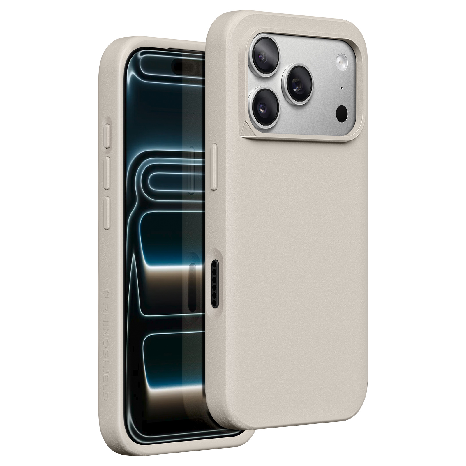 Ein hellbeiges iPhone-Gehäuse mit einem Blick auf die Kamera und das Display.