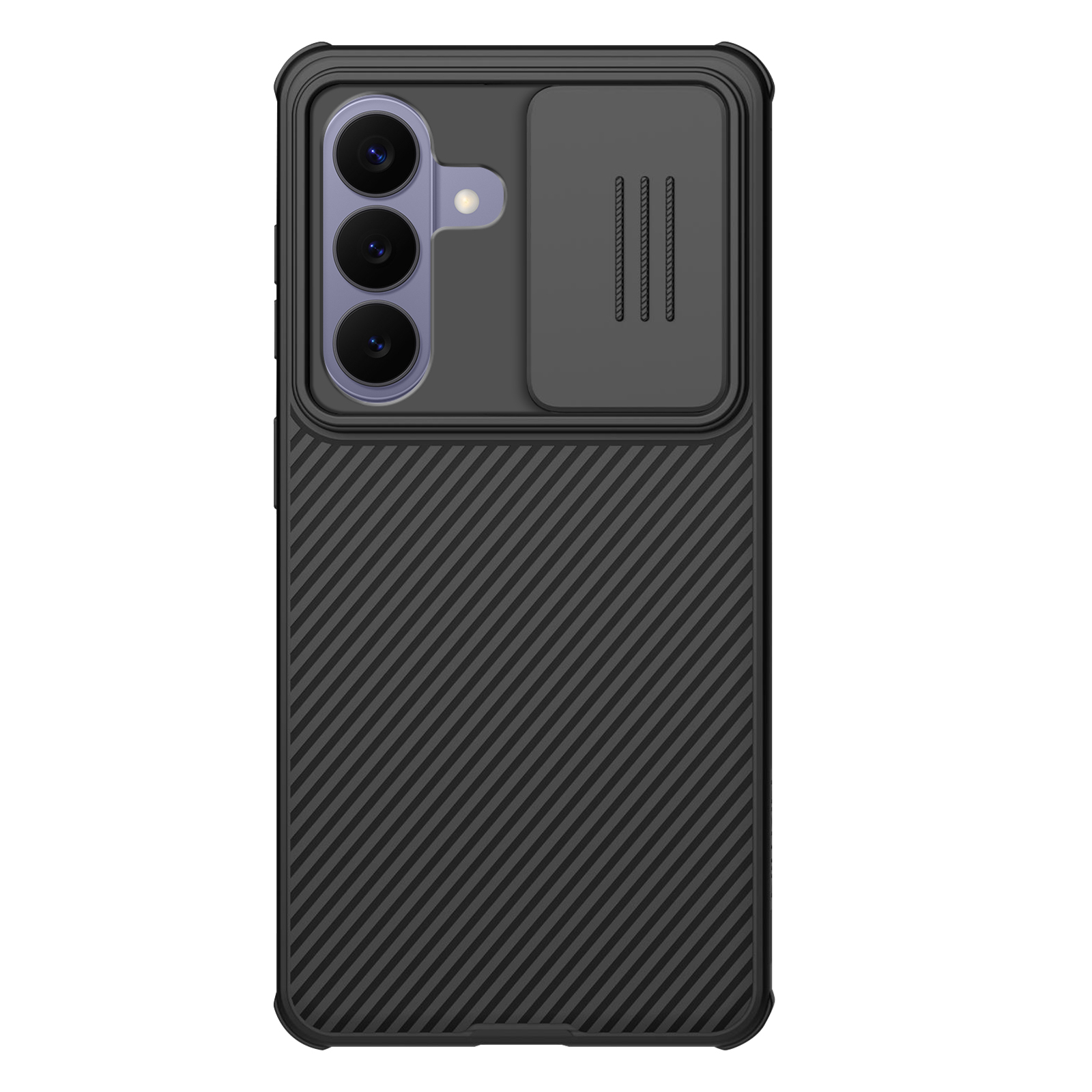 Zwarte telefoonhoes met drie camera's en schuifdeksel voor camera.