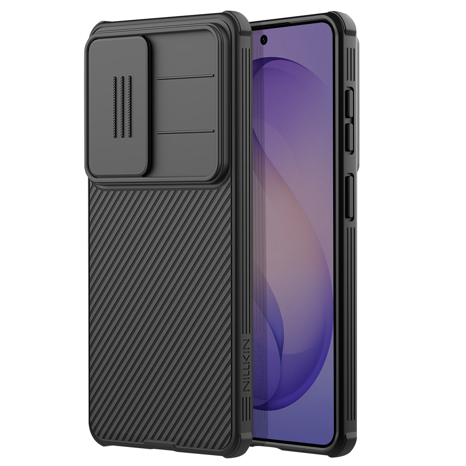 Zwarte telefoonhoes met schuifdeksel voor camera en ribbelpatroon.