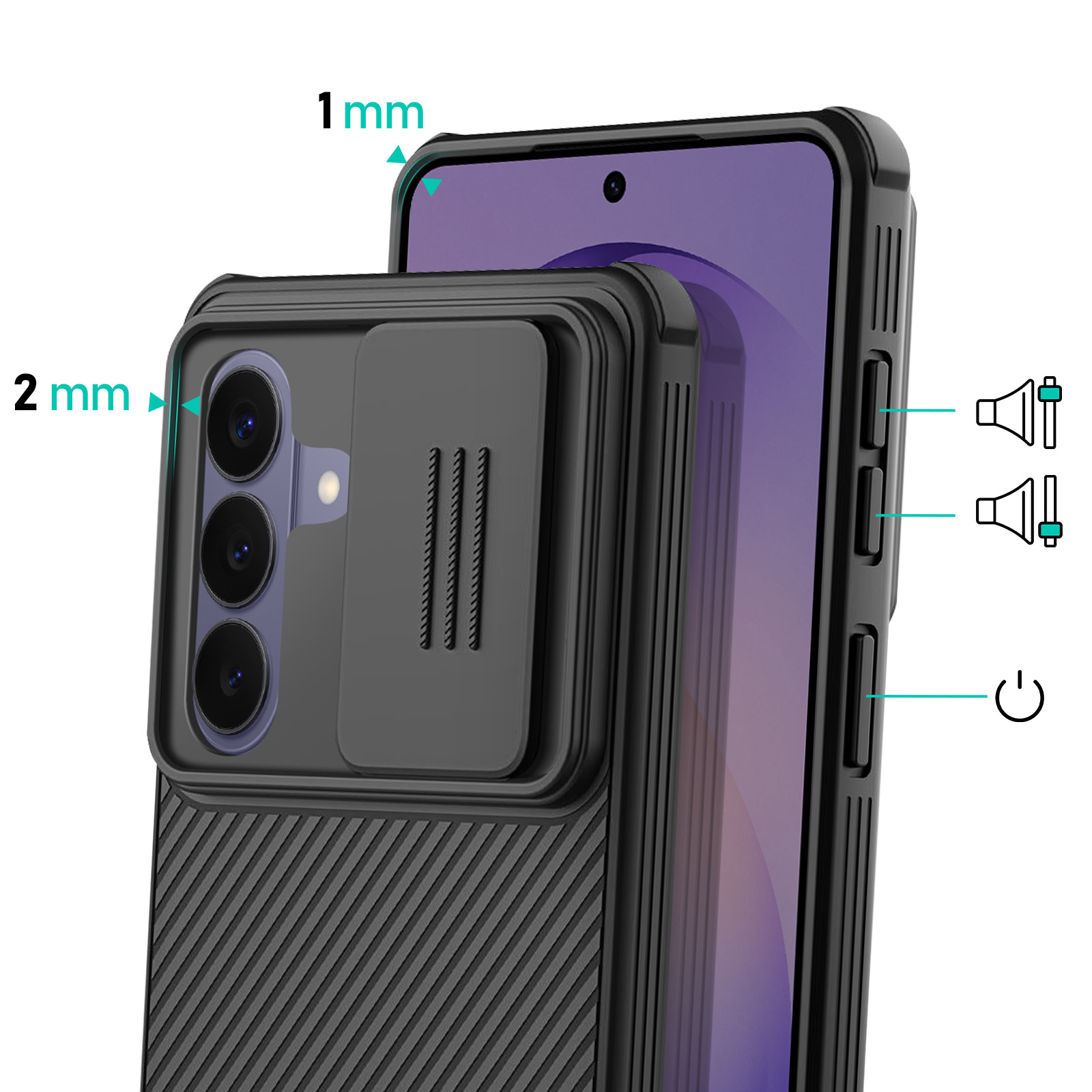 Zwarte telefoonhoes met schuifhoes voor camera en verhoogde randen.