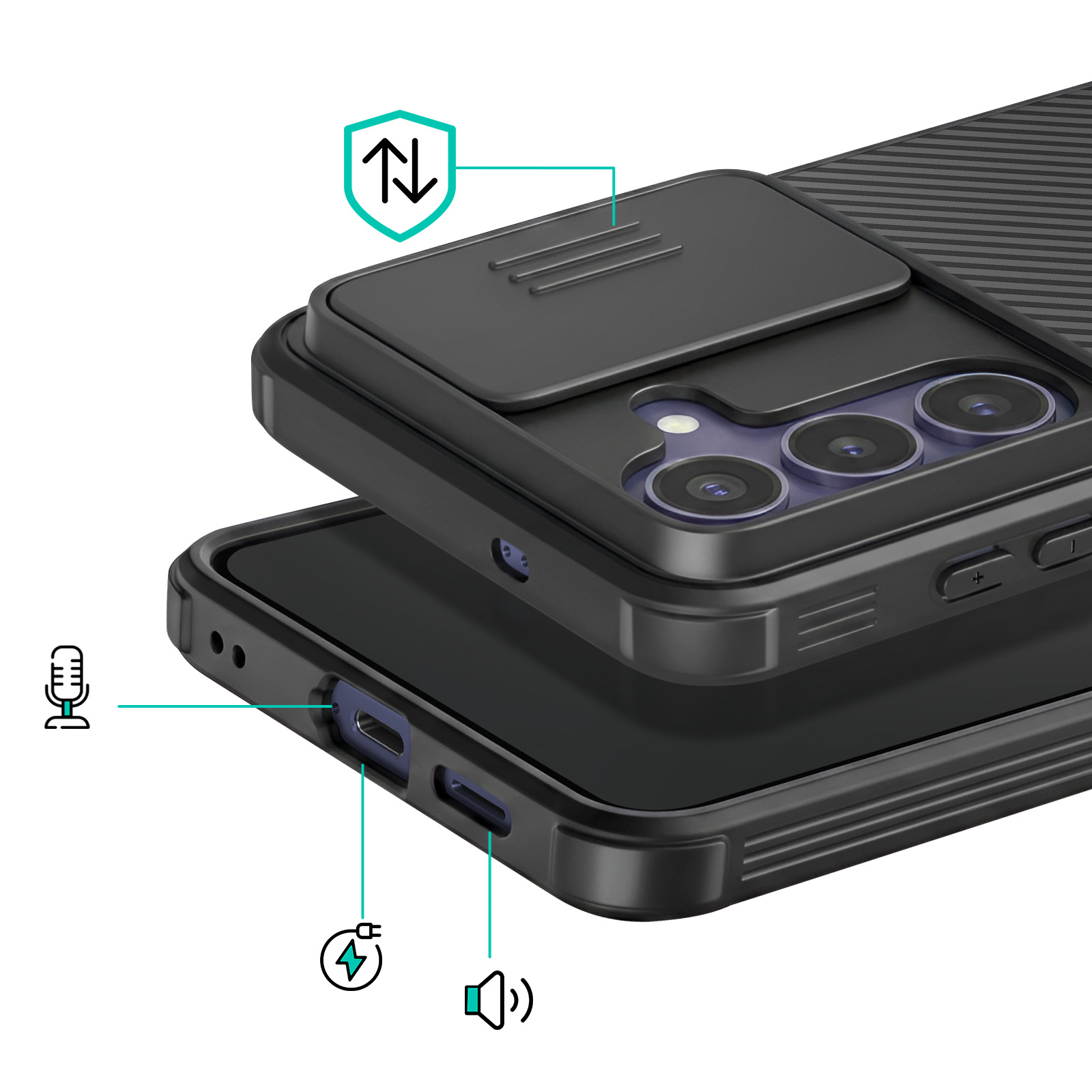 Zwarte telefoonhoes met camerabescherming en iconen voor microfoon, oplaadpoort.
