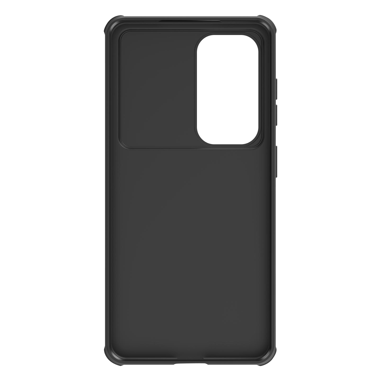 Zwarte telefoonhoes met rechthoekige camera-uitsparing en zijknopen.