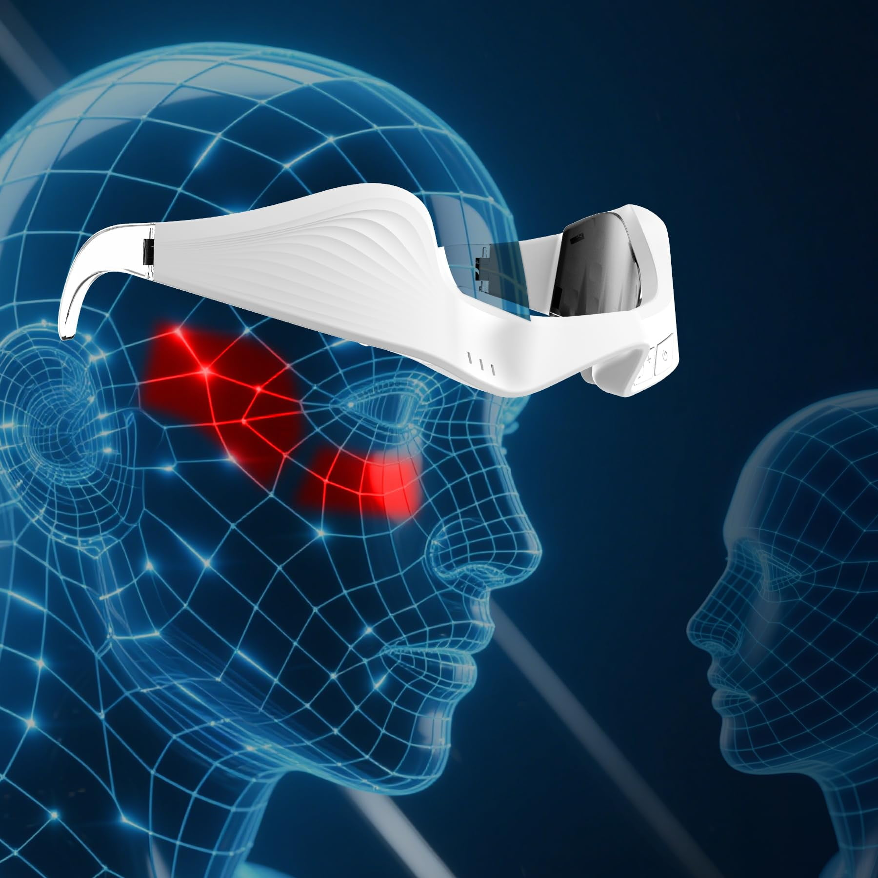 Ein weißes Headset mit leuchtend roten Punkten auf einem digitalen Kopf.