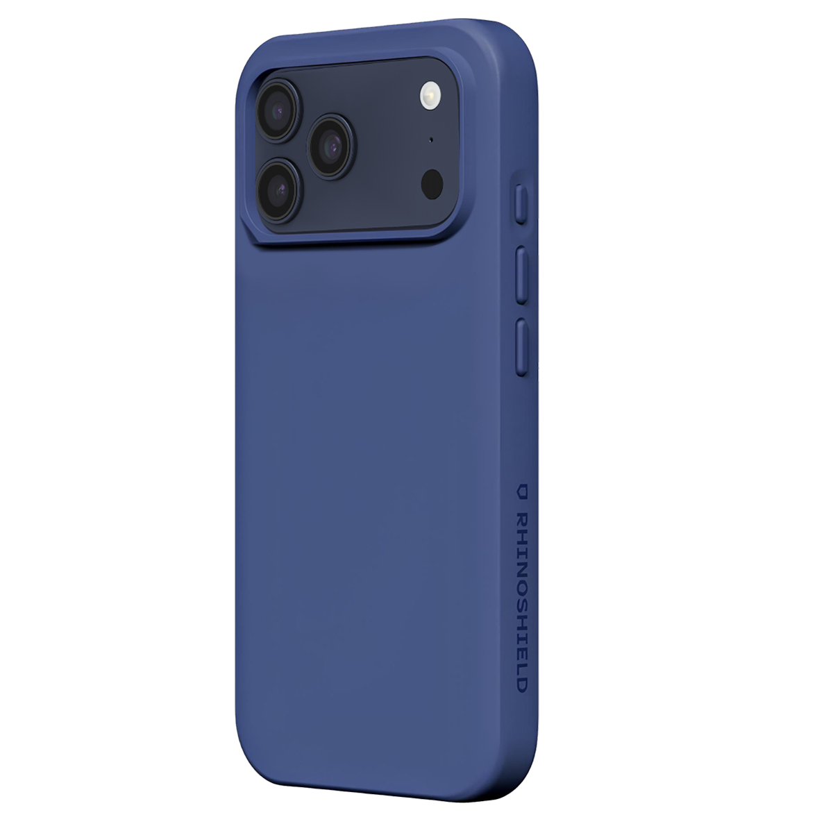 Custodia blu per telefono con ritaglio tripla fotocamera e pulsanti laterali. Logo RHINOSHIELD.