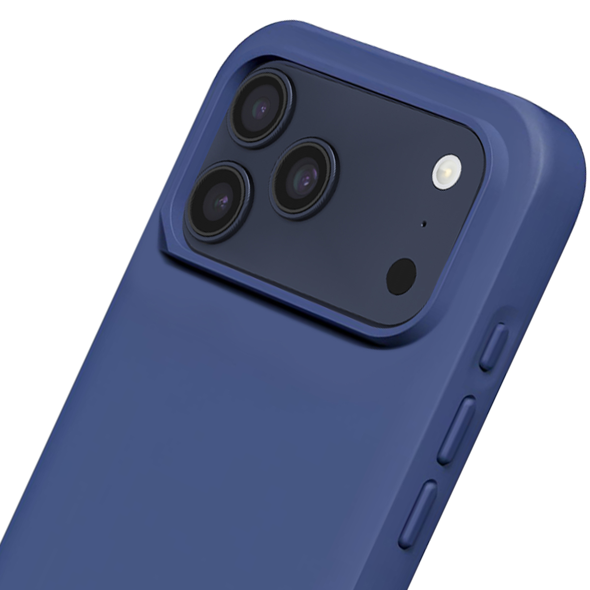 Custodia blu scuro per telefono con tripla fotocamera e flash.
