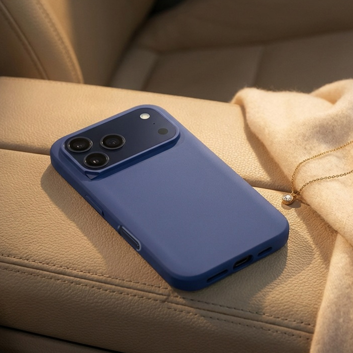 Un telefono blu con fotocamere poggia su un sedile in pelle beige, accanto a una collana.