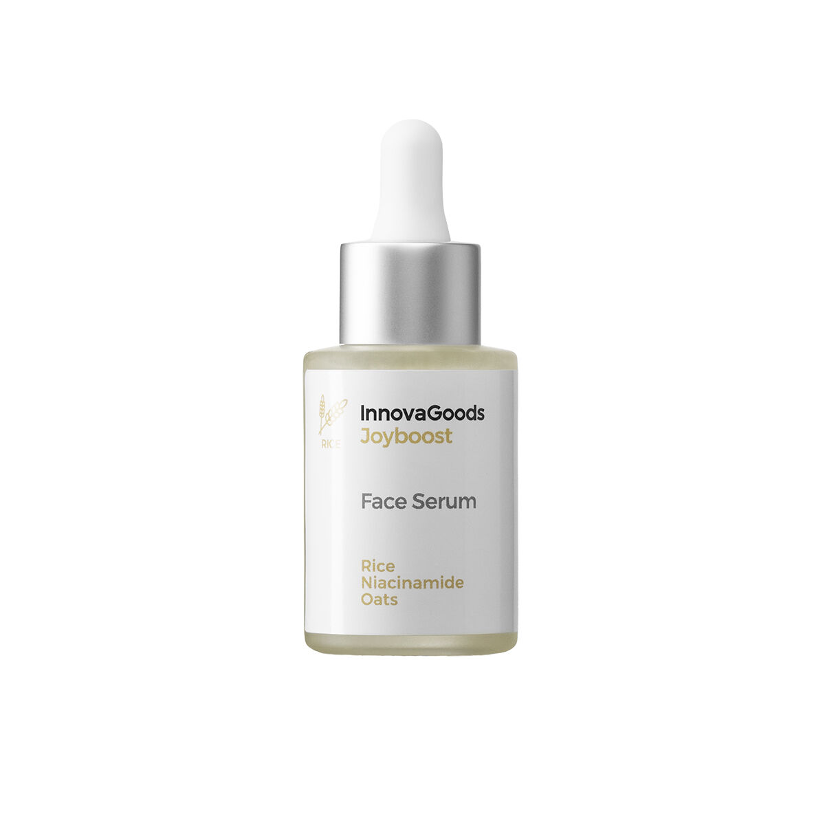 Una botella de InnovaGoods Joyboost Face Serum con gotero, líquido amarillo claro.