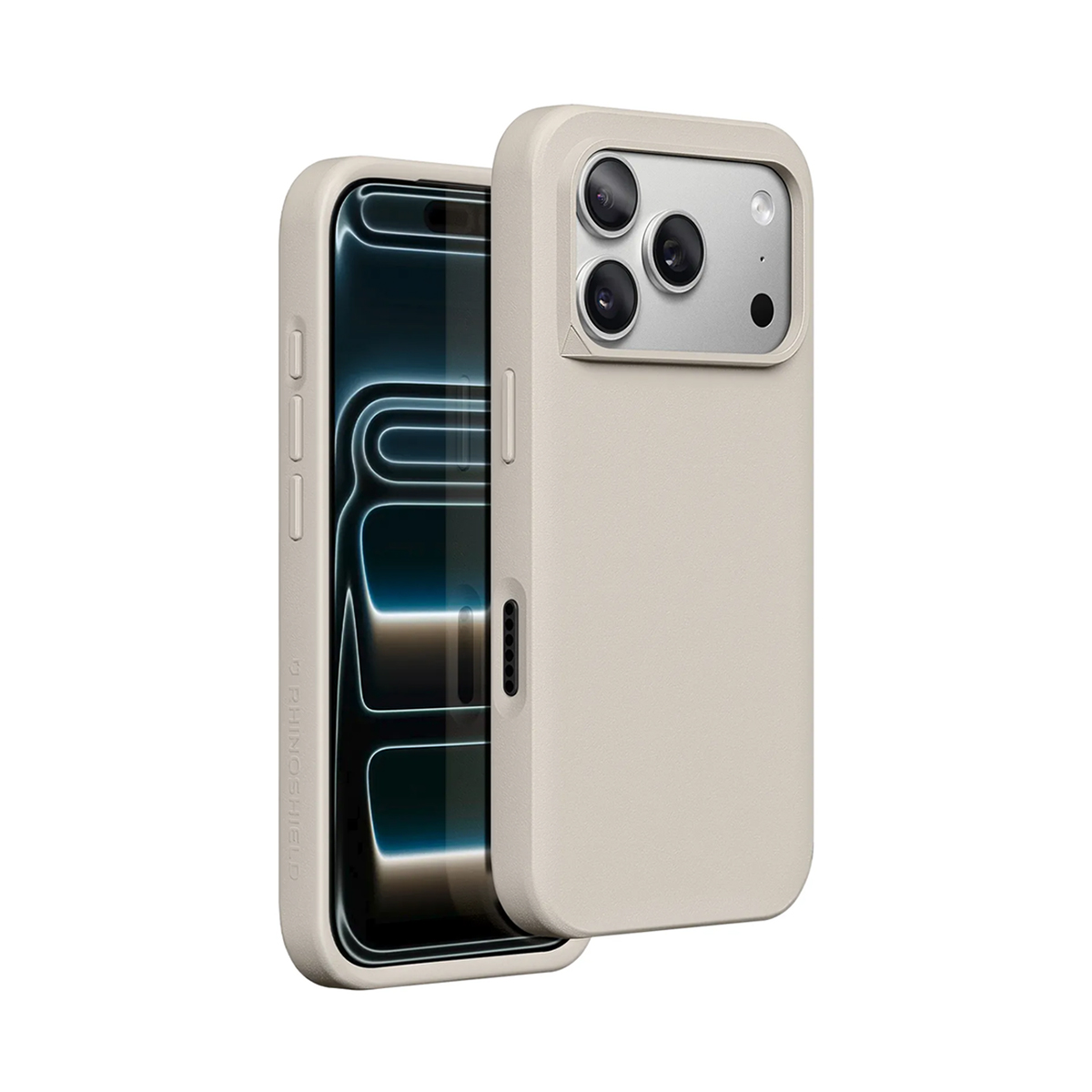 Un iPhone beige chiaro con tre fotocamere in una custodia protettiva.