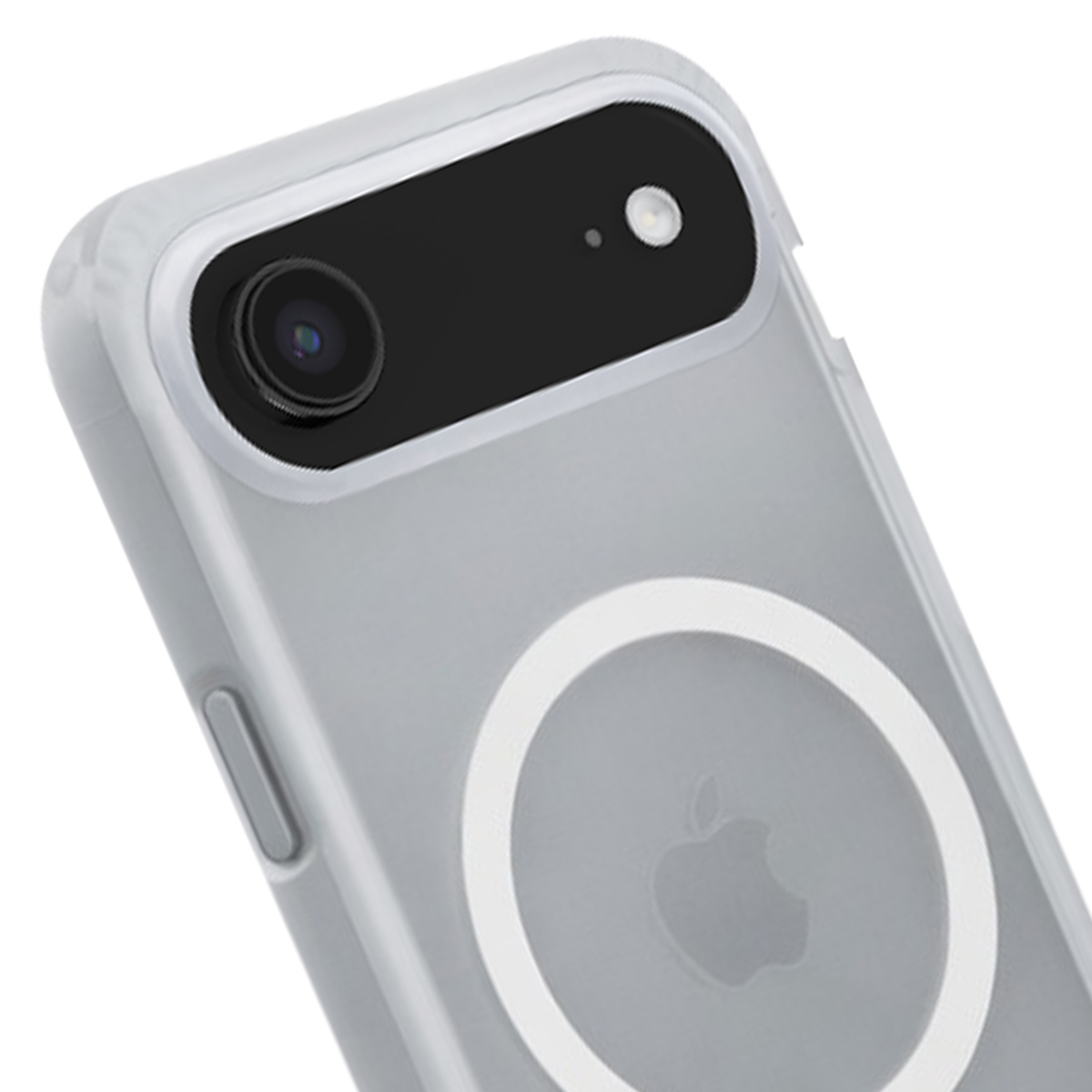 Graue Handyhülle mit Apple-Logo und Kameramodul.