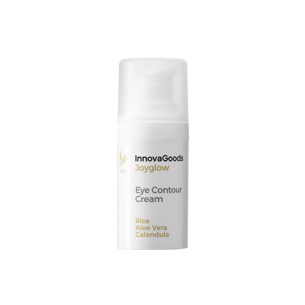 Botella blanca de Crema Contorno de Ojos con etiqueta 'InnovaGoods Joyglow'.