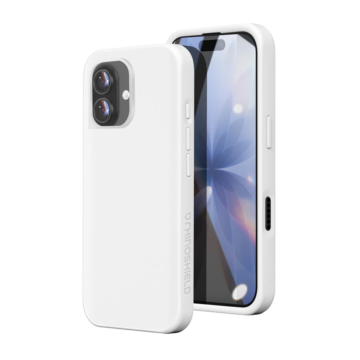 Una custodia bianca per iPhone con due fotocamere e parte dello schermo visibile.